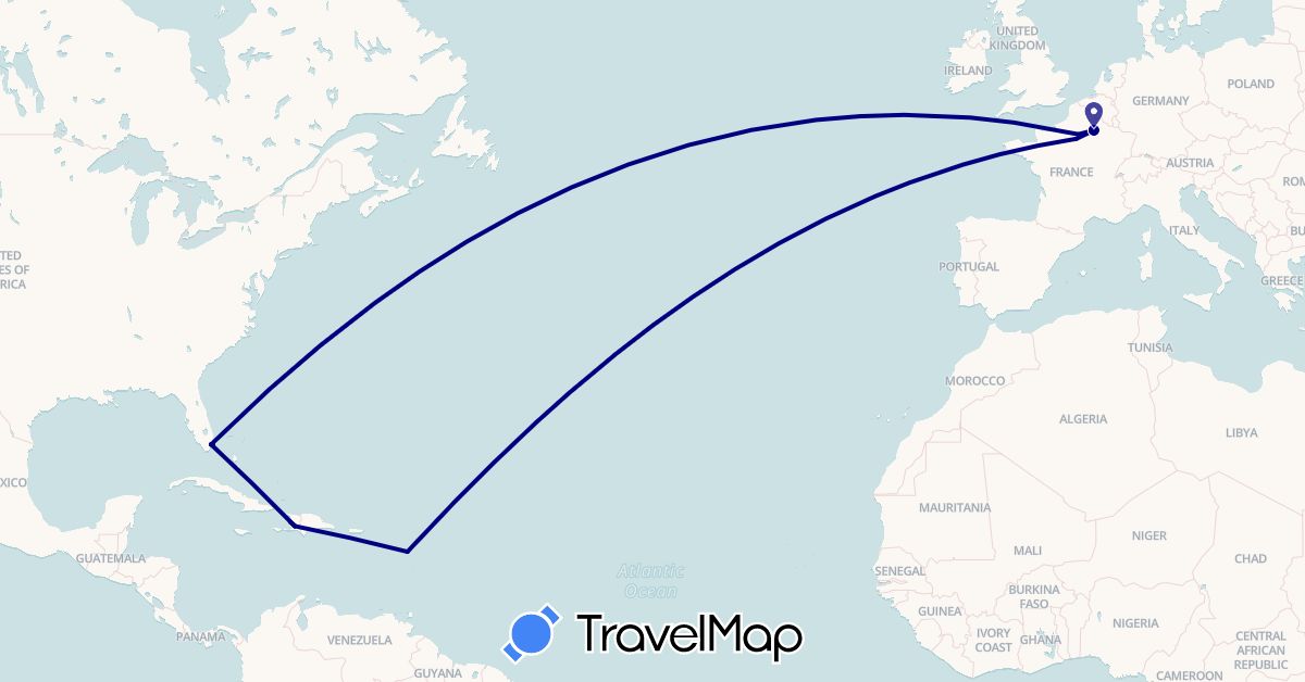 TravelMap itinerary: driving in France, Guadeloupe, Haiti, United States (Europe, North America)